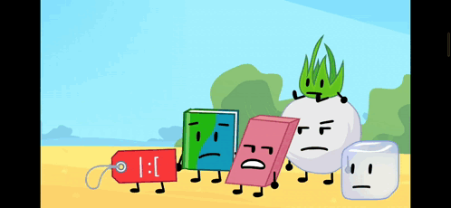 A Group Of Cartoon Characters Are Standing On A Beach With A Tag That Says 1 : 1 On It GIF