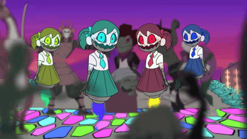 A Group Of Cartoon Characters Are Standing On A Colorful Tiled Floor GIF