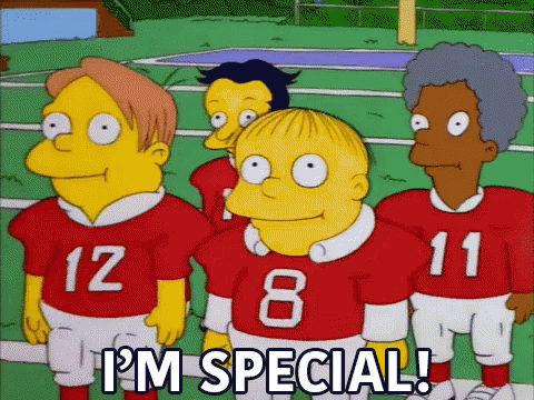 A Group Of Cartoon Characters Are Standing On A Field And One Of Them Says I 'M Special .. GIF