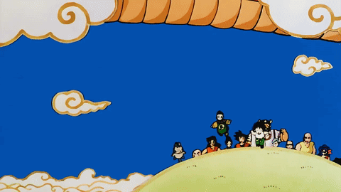 A Group Of Cartoon Characters Are Standing On A Hill With A Blue Sky In The Background GIF