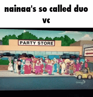 A Group Of Cartoon Characters Are Standing Outside Of A Party Store . GIF