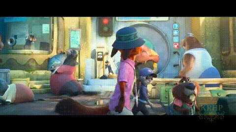 A Group Of Cartoon Characters Are Walking Down A Street In Front Of A Building . GIF