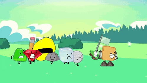 a group of cartoon characters are walking on a field