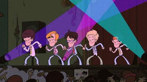 A Group Of Cartoon Characters Dancing On A Stage GIF