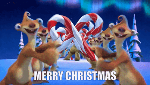 A Group Of Cartoon Characters Holding Candy Canes With The Words Merry Christmas Written Above Them GIF