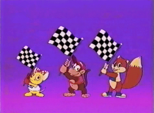 A Group Of Cartoon Characters Holding Checkered Flags GIF