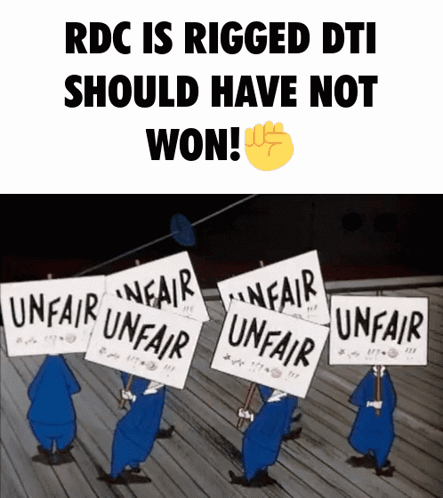 A Group Of Cartoon Characters Holding Signs That Say " Unfair Unfair Unfair " GIF