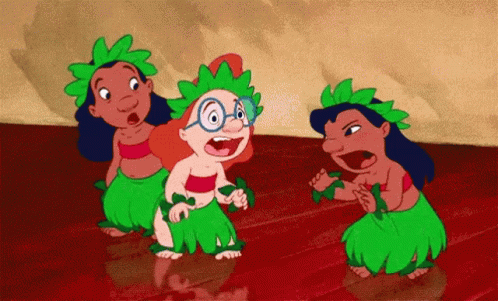 A Group Of Cartoon Characters In Green Skirts Are Dancing GIF