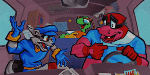 A Group Of Cartoon Characters Including A Raccoon And A Frog Are Sitting In A Car Talking GIF