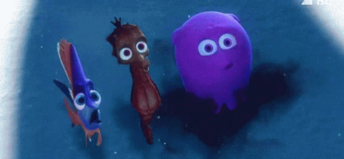A Group Of Cartoon Characters Including A Seahorse And Jellyfish Are Swimming In The Ocean . GIF