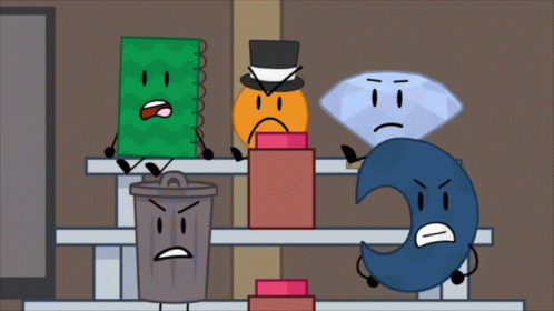 A Group Of Cartoon Characters Including A Trash Can A Diamond And A Crescent Moon GIF