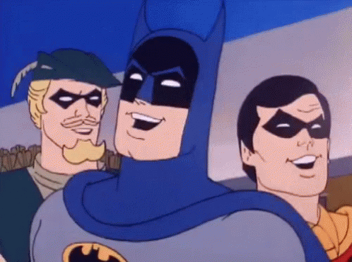 A Group Of Cartoon Characters Including Batman And Robin Smiling GIF