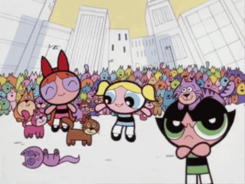 A Group Of Cartoon Characters Including Buttercup Are Standing In Front Of A Crowd GIF