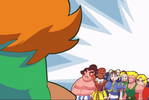 A Group Of Cartoon Characters Including Chun Li Are Standing In A Line GIF