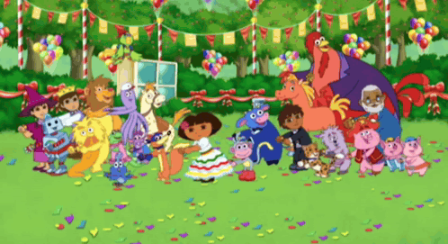 A Group Of Cartoon Characters Including Dora The Explorer Are Gathered Together GIF
