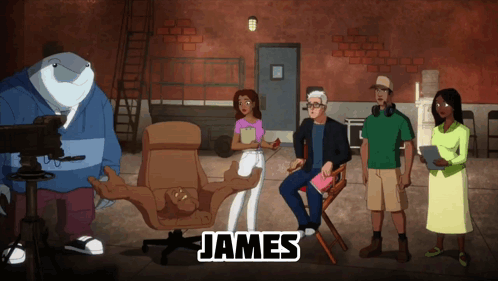 A Group Of Cartoon Characters Including James Are Gathered Around A Man In A Chair GIF