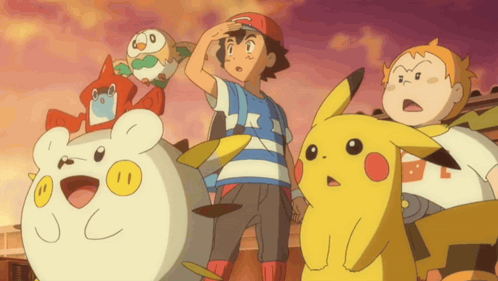 A Group Of Cartoon Characters Including Pikachu And Ash Are Standing Together GIF