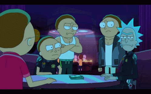 a group of cartoon characters including rick and morty are gathered around a table