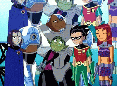 A Group Of Cartoon Characters Including Robin And Raven Are Standing Together GIF
