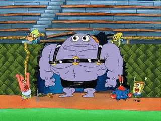 A Group Of Cartoon Characters Including Spongebob And Patrick Are Standing Around A Purple Monster GIF