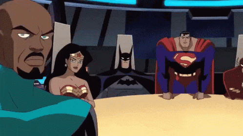 A Group Of Cartoon Characters Including Wonder Woman Batman And Superman GIF