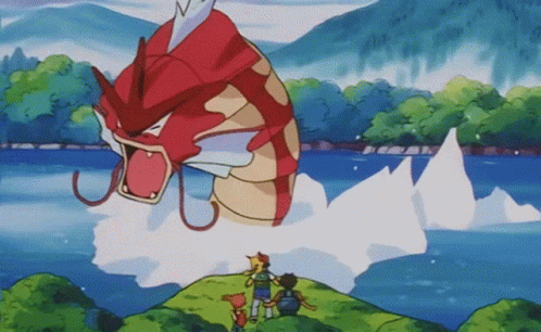 A Group Of Cartoon Characters Looking At A Giant Red Fish In The Water GIF
