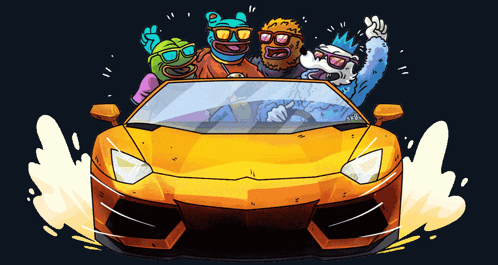 Cartoon Characters Riding Yellow Car GIF