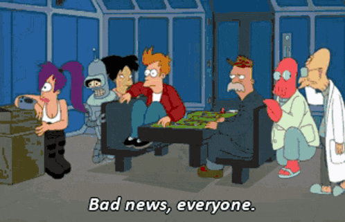 Cartoon Characters Sitting Around Table Bad News Everyone GIF
