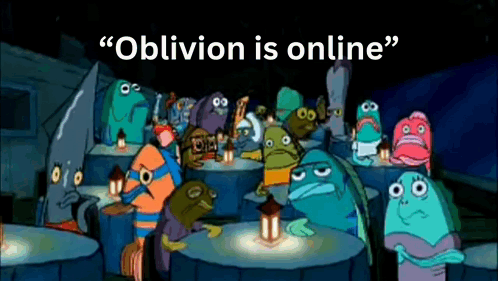 A Group Of Cartoon Characters Sitting Around A Table With The Words " Oblivion Is Online " On The Bottom GIF