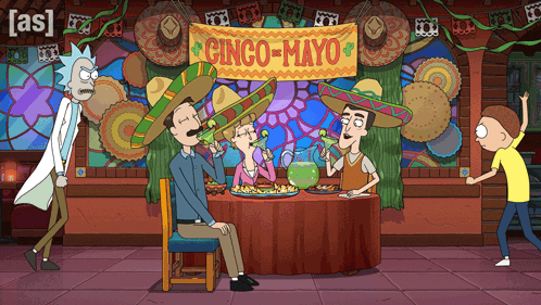 A Group Of Cartoon Characters Sitting At A Table With A Sign That Says Cinco-Mayo On It GIF