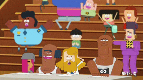 A Group Of Cartoon Characters Sitting At A Table With Netflix Written On The Bottom Right GIF