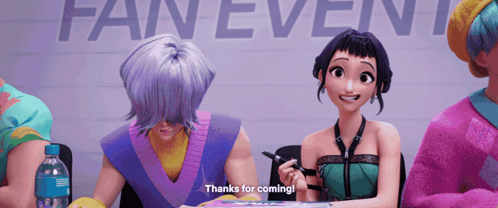 A Group Of Cartoon Characters Sitting In Front Of A Fan Event Sign GIF