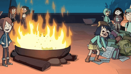 A Group Of Cartoon Characters Standing Around A Fire GIF
