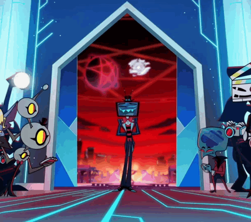 A Group Of Cartoon Characters Standing In Front Of A Door With A Sign That Says ' I 'M Sorry ' GIF