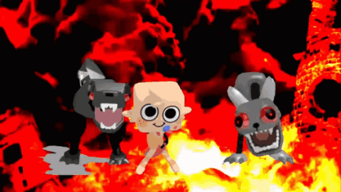A Group Of Cartoon Characters Standing In Front Of A Fire GIF