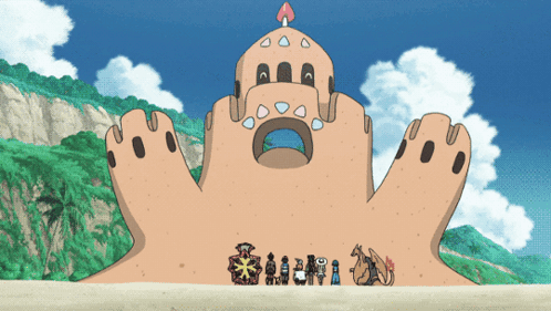 Cartoon Characters Standing In Front Of Sand Castle GIF