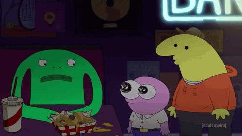 A Group Of Cartoon Characters Standing In Front Of A Sign That Says Adult Swim GIF