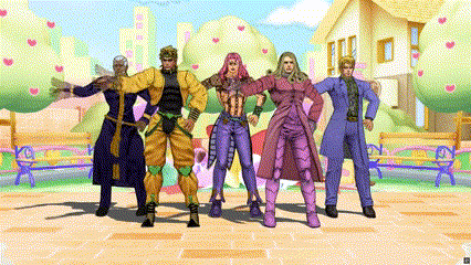 A Group Of Cartoon Characters Standing Next To Each Other In Front Of A House GIF