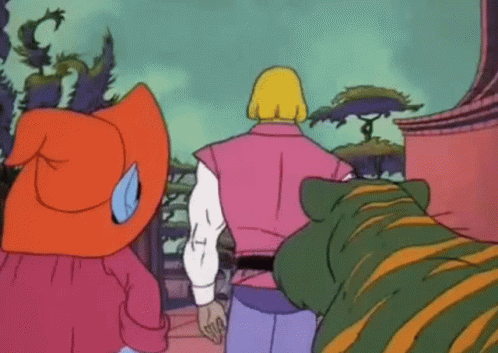 A Group Of Cartoon Characters Standing Next To Each Other Including One Wearing A Red Hat GIF