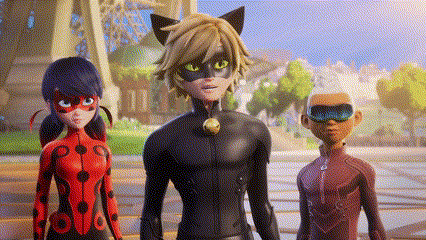 A Group Of Cartoon Characters Standing Next To Each Other On A Sidewalk . GIF