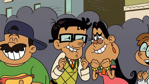 A Group Of Cartoon Characters Standing Next To Each Other With One Holding A Hot Dog GIF