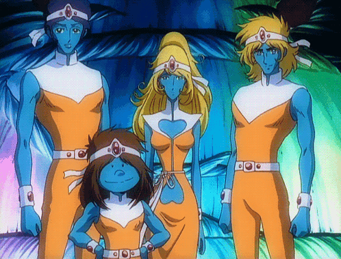 a group of cartoon characters standing next to each other with one wearing a heart shaped headband