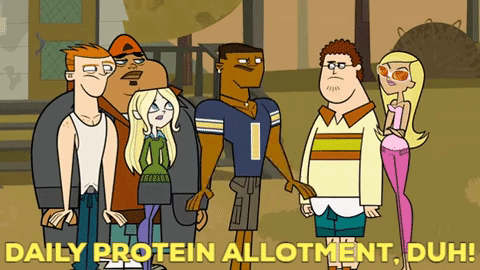 A Group Of Cartoon Characters Standing Next To Each Other With The Words Daily Protein Allotment Duh On The Bottom GIF
