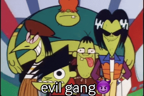 A Group Of Cartoon Characters Standing Next To Each Other With The Words Evil Gang On The Bottom Right GIF