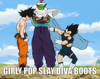 A Group Of Cartoon Characters Standing Next To Each Other With The Words `` Girly Pop Slay Diva Boots '' On The Bottom . GIF