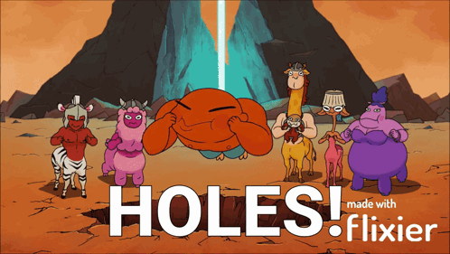 A Group Of Cartoon Characters Standing Next To Each Other With The Words Holes Made With Flixier On The Bottom GIF
