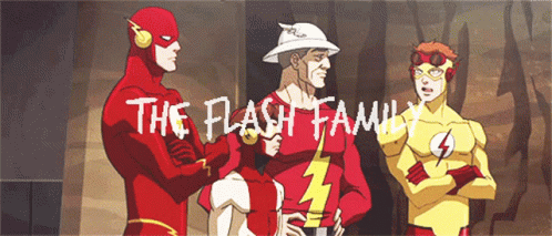 A Group Of Cartoon Characters Standing Next To Each Other With The Words " The Flash Family " Written Above Them GIF