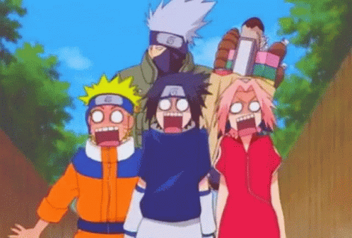 A Group Of Cartoon Characters Standing Next To Each Other With Their Mouths Open . GIF