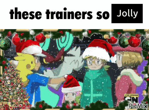 A Group Of Cartoon Characters Wearing Santa Hats With The Words " These Trainers So Jolly " Above Them GIF