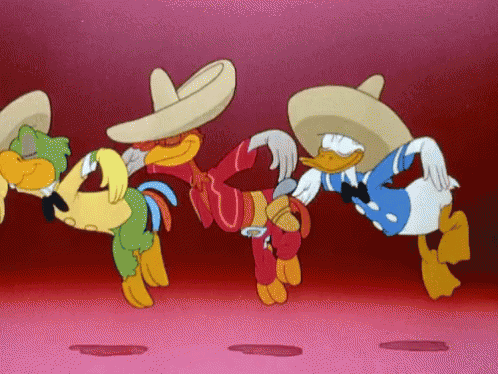 A Group Of Cartoon Characters Wearing Sombrero Hats Are Dancing Together GIF